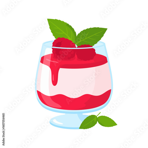 Layered raspberry dessert in a glass, topped with fresh berries, dripping coulis, and mint leaves.