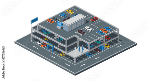Multi-level parking garage in isometric design with colorful cars