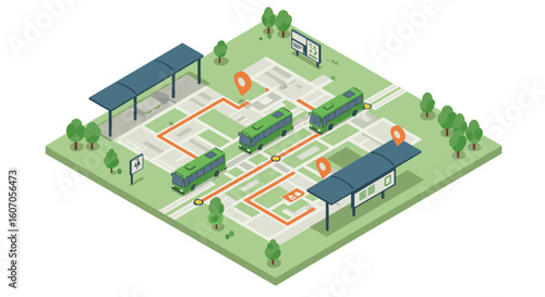 Isometric city bus route map with green buses and shelters in a park s