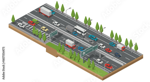 Isometric busy highway scene with cars and trucks
