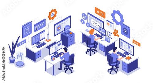 Isometric office workspace with developers at desks and digital interf