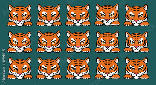 Vector cartoon tiger faces in kawai style.