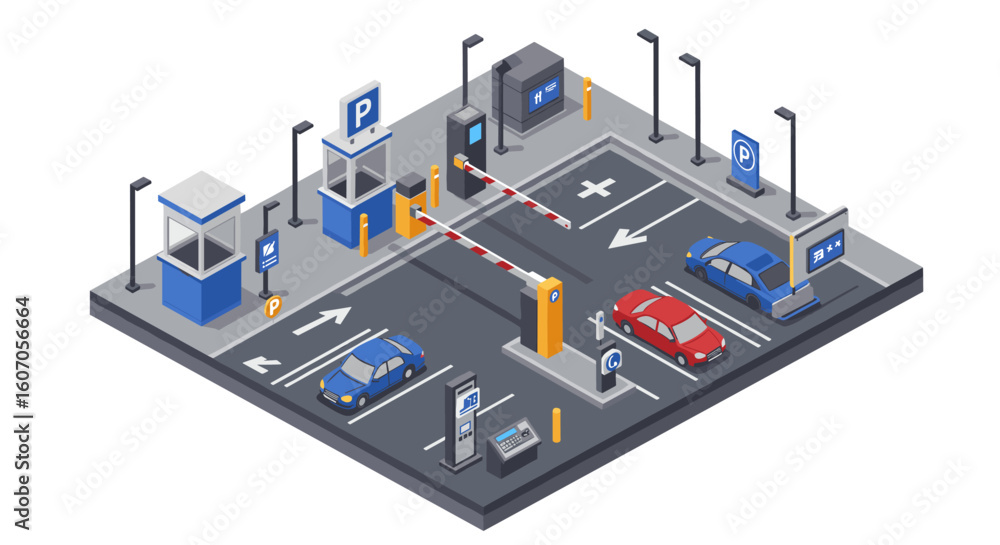 Obraz premium Isometric parking lot design with barrier gate and cars