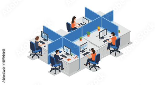 Modern office cubicles with people working on computers in isometric s