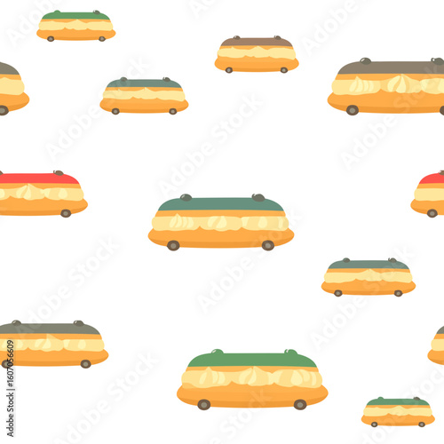 A whimsical cartoon eclair bus with colorful glaze, piped cream filling, and four small wheels.
