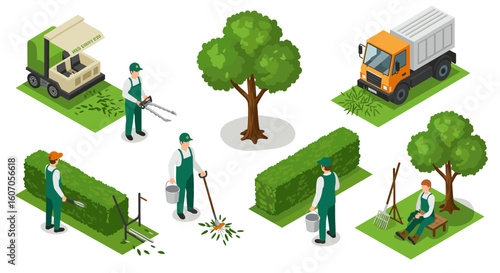 Isometric gardening scene with workers and equipment in a park setting