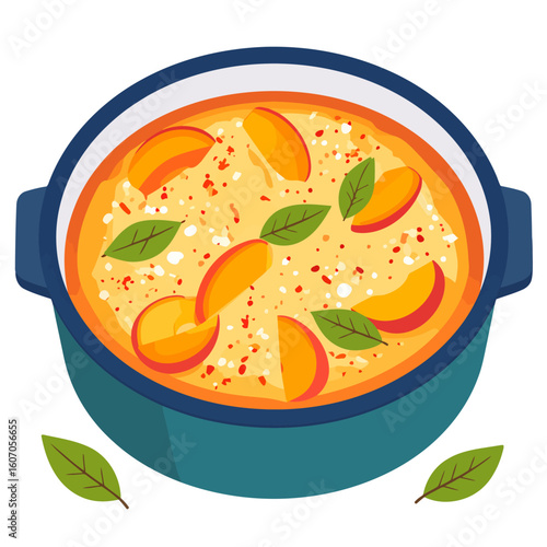 A creamy baked peach dish with fresh basil leaves and spices in a blue casserole pot.