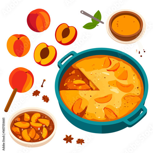 Vibrant flat illustration of a homemade peach cobbler in a teal pan, surrounded by fresh peaches, spices, and other ingredients.