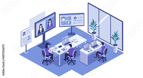 Modern isometric office with remote work setup and large screens