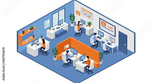 Isometric office space with team working at desks and modern technolog
