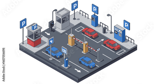 Isometric parking lot with cars, gates, and payment stations in urban