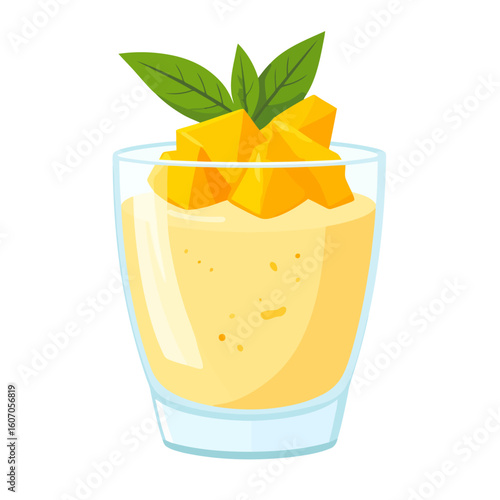 Creamy yellow mango mousse in a glass, garnished with fresh diced mango and green mint leaves.