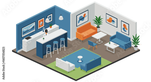 Modern isometric office lounge with stylish furniture and art decor