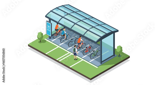 Isometric bike parking with cyclists under glass shelter on sunny day