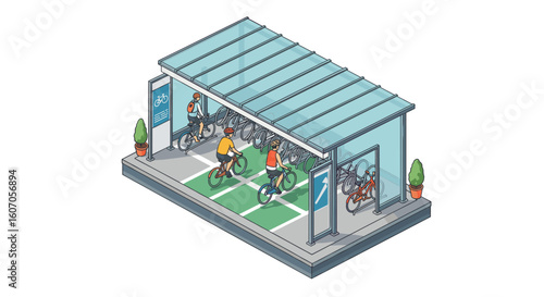 Isometric urban bicycle parking with cyclists under glass canopy
