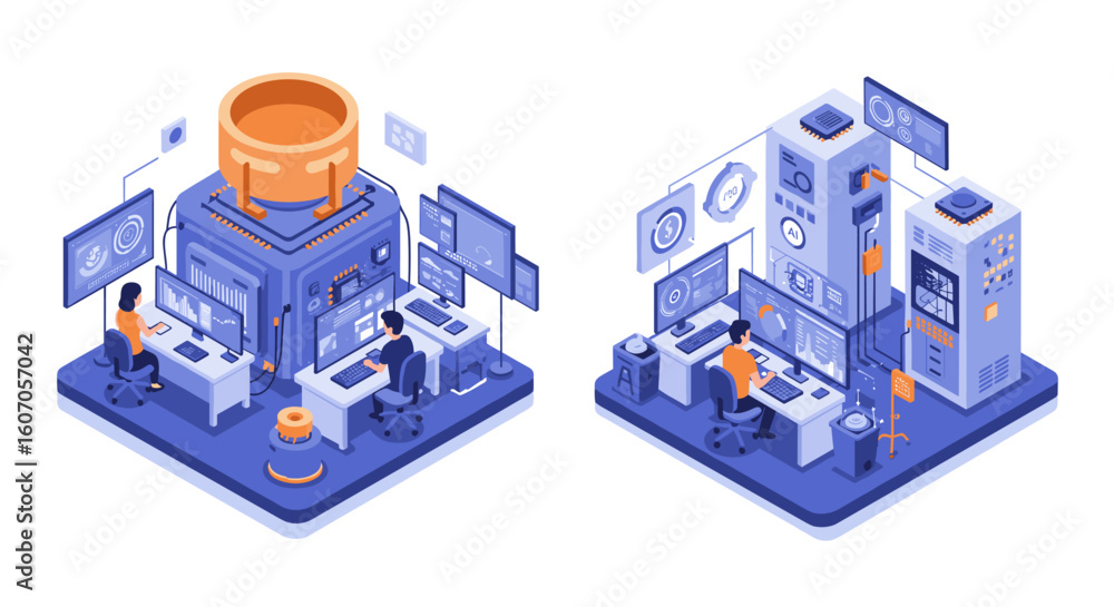 Obraz premium Futuristic isometric technology control room with engineers