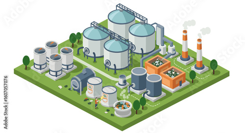 Industrial isometric factory scene with tanks and workers for energy p