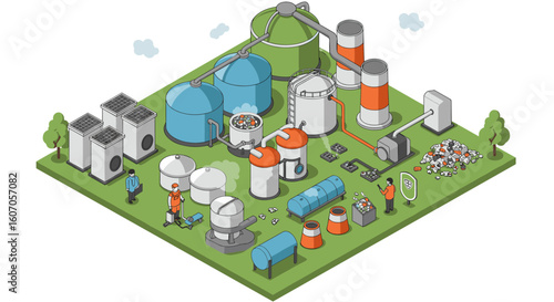 Isometric waste management plant with recycling and processing facilit