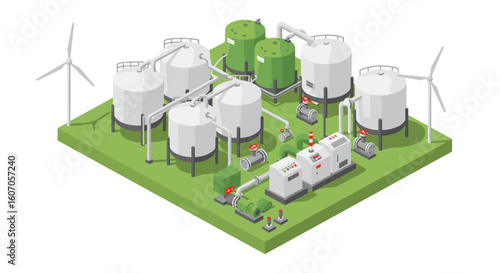 Industrial isometric renewable energy plant with wind turbines and sto