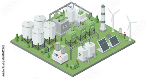 Isometric renewable energy plant with solar panels and wind turbines