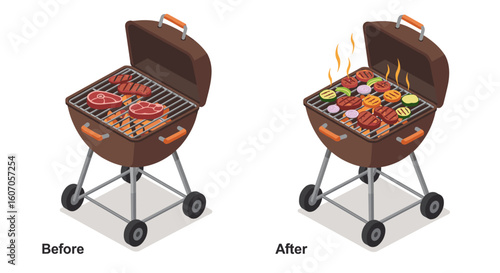 Isometric charcoal grill transformation: raw meat to grilled vegetable