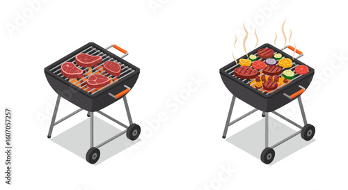 Isometric grills with meat and vegetables for summer bbq