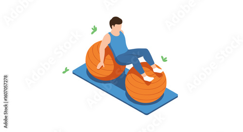 Isometric fitness scene with man exercising on yoga balls and mat
