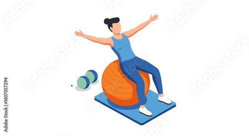 Isometric fitness woman stretching on exercise ball with weights and m