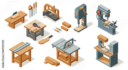 Isometric workshop tools and machinery set for woodworking enthusiasts
