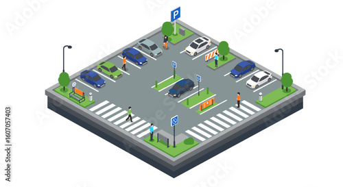 Isometric parking lot scene with cars, people, and trees in urban sett