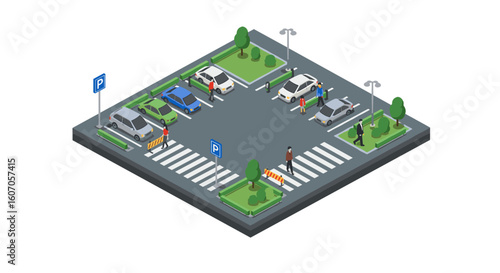 Isometric design of a busy parking lot with cars and pedestrians