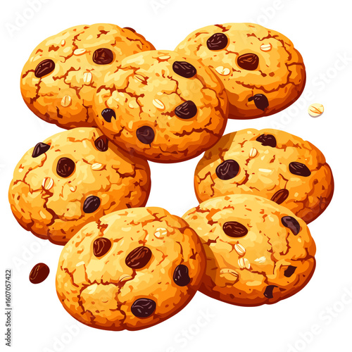 A delicious pile of golden oatmeal raisin cookies, illustrated with a cracked, textured surface and visible oats.