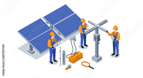 Isometric renewable energy team installing solar panels