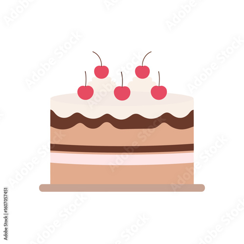 A delicious layered chocolate cake with whipped cream frosting and five red cherries on top.