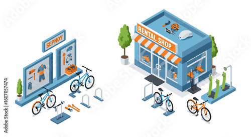 Isometric bicycle rental shop and repair station with accessories