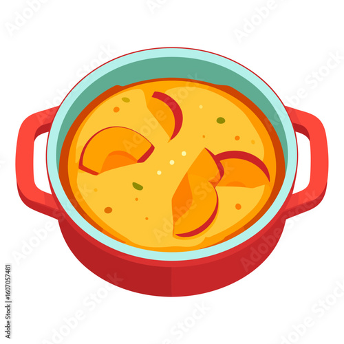 Vibrant red casserole dish filled with a warm, creamy peach cobbler dessert, top view illustration.