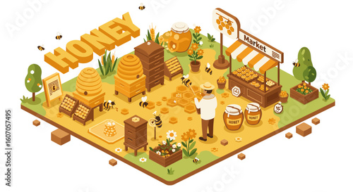 Isometric honey farm scene with beekeeper and apiary market elements