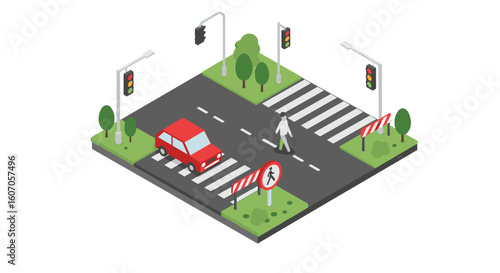 Isometric urban crosswalk scene with traffic lights and pedestrian