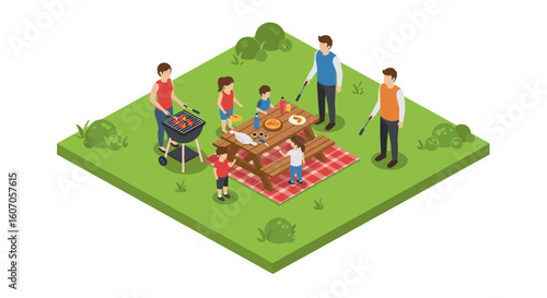 Family picnic and barbecue in a park with isometric design