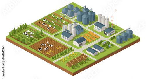 Modern isometric dairy farm with cows, crops, and silos in a rural lan