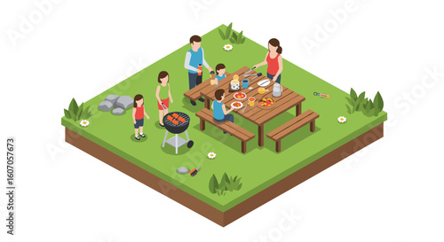 Family bbq picnic in isometric style with outdoor grill and picnic tab