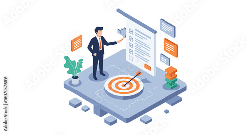 Isometric businessman presenting achievements with checklist and targe