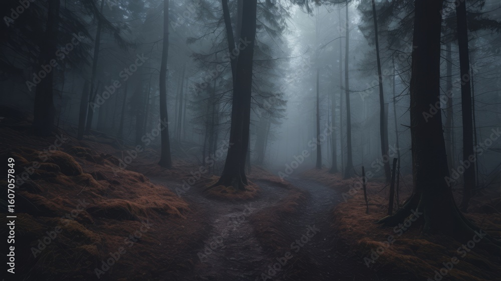 Fototapeta premium A mysterious path in a dark forest covered with thick fog, muted colors, cinematic eerie lighting