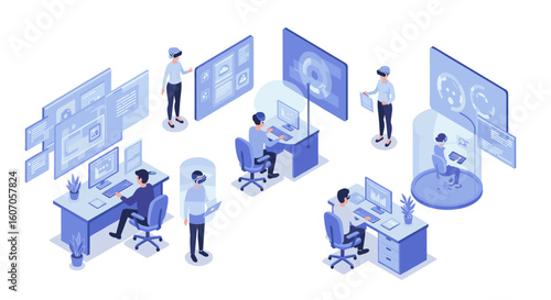 Futuristic office with virtual reality and holographic interfaces in i