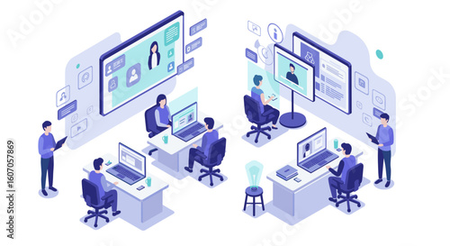 Isometric office workspace with colleagues collaborating on digital pr