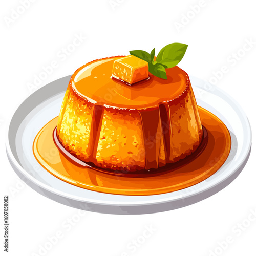 Golden cr?me caramel flan dessert with dripping sauce, a butter pat, and a fresh mint garnish on a white plate.