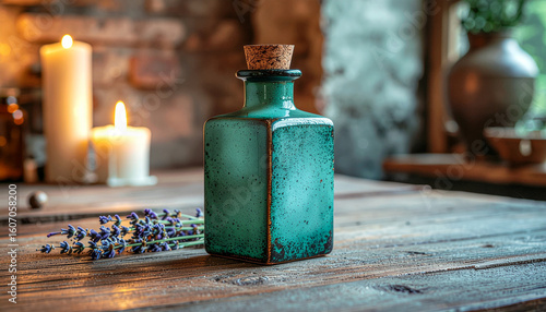 Dark Green Square Ceramic Bottle in Medieval Apothecary