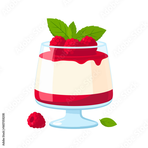 Creamy layered panna cotta dessert with raspberry coulis, fresh berries, and mint garnish in a glass.