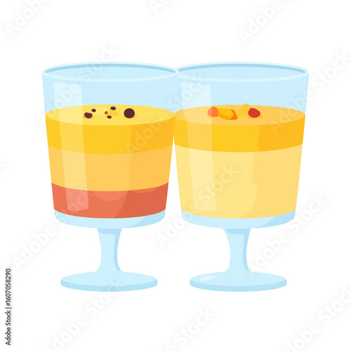 Two glasses of layered yellow pudding dessert, one with chocolate sprinkles and one with fruit pieces.