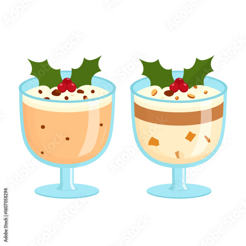 Two festive Christmas desserts in glass cups, featuring creamy pudding and trifle, garnished with holly and red berries.